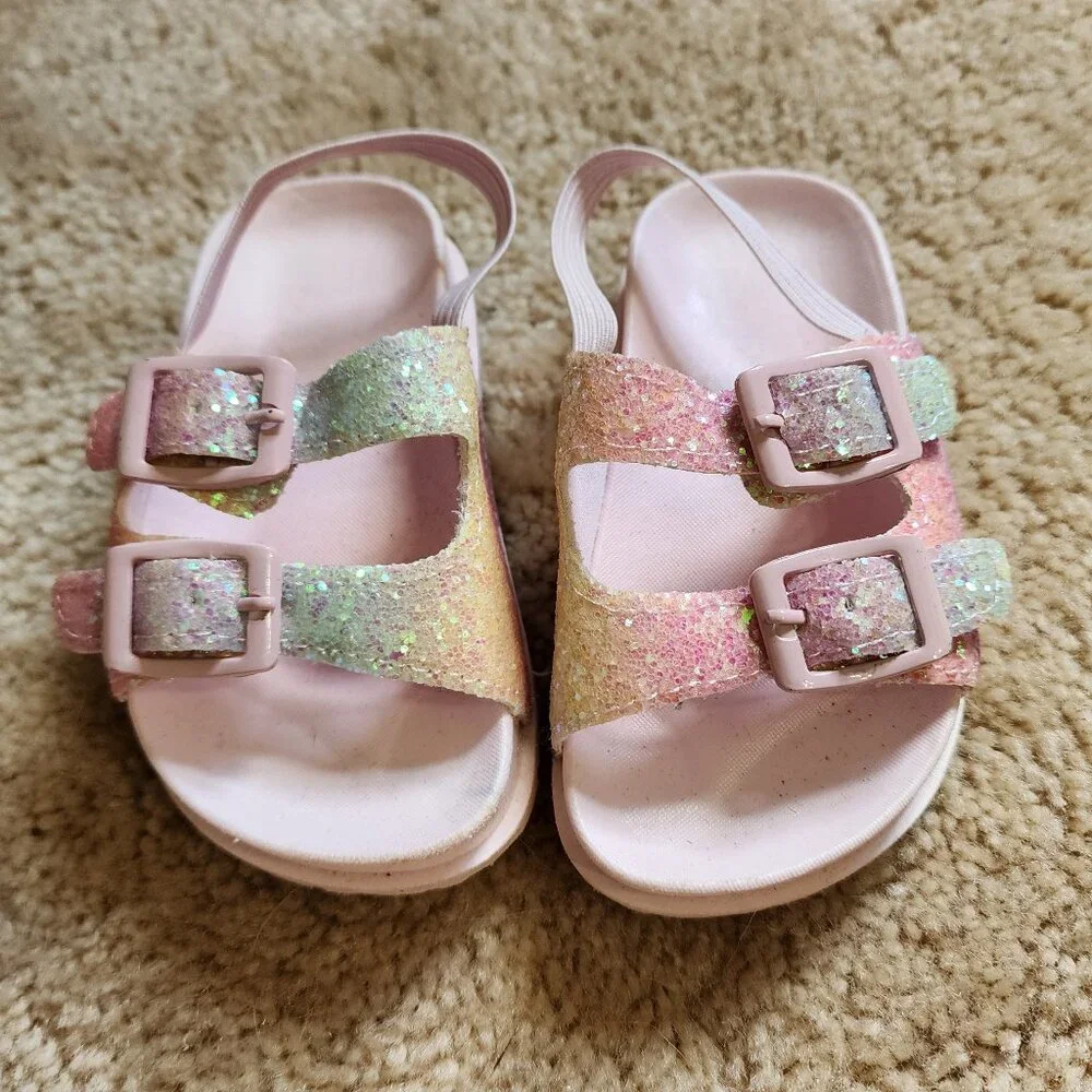 First Steps Toddle Girls' Sandals Slip On Double Buckle Slide Pink Glitter Sz: 5